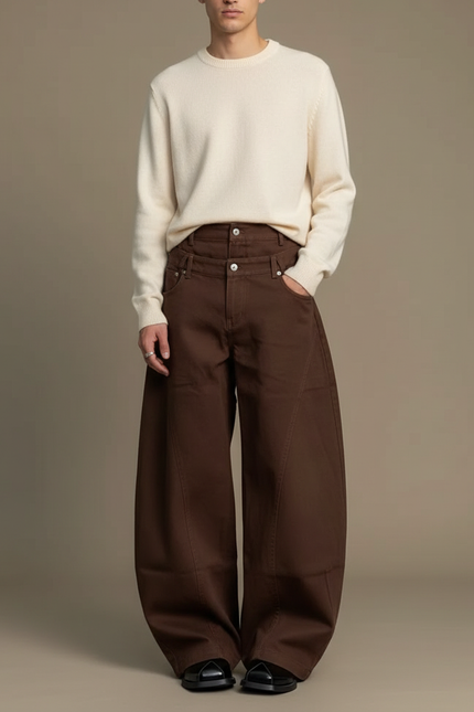 Pantalon Fluide Marron Ample Taille Haute Homme - Toile