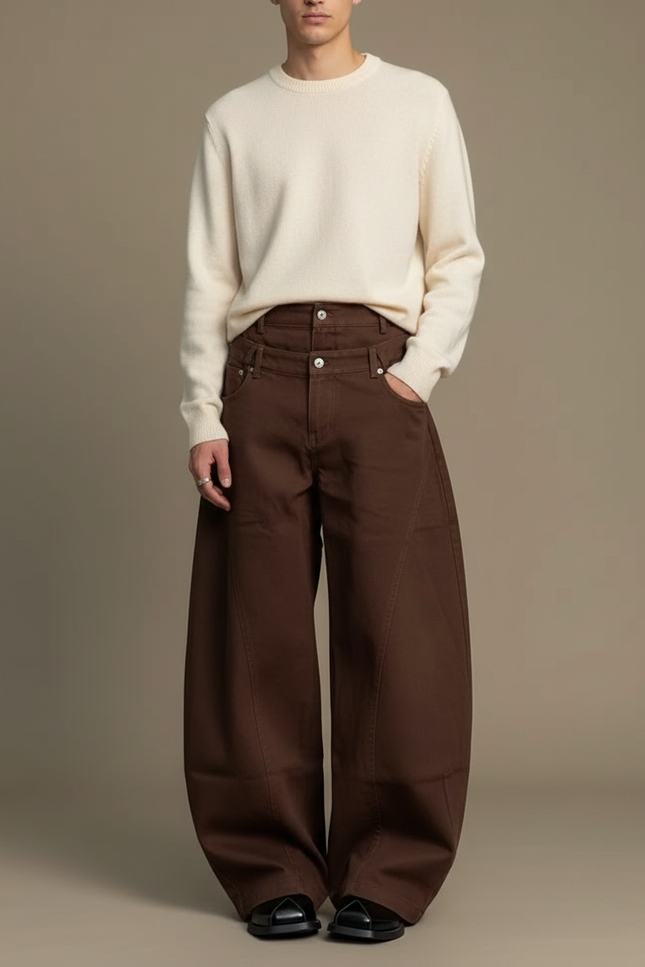 Pantalon Fluide Marron Ample Taille Haute Homme - Toile