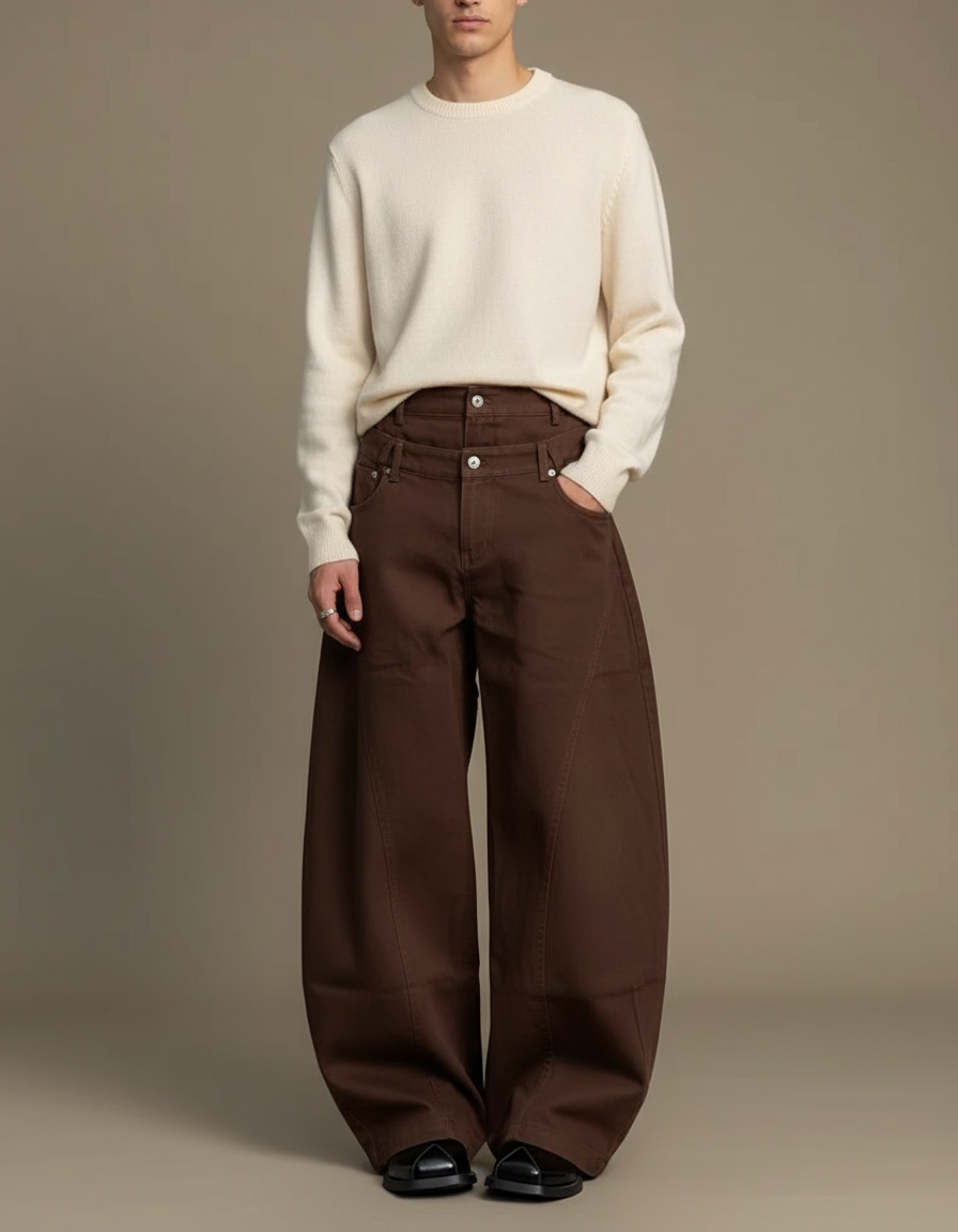 Pantalon Fluide Marron Ample Taille Haute Homme - Toile