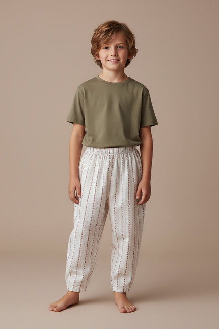 Pantalon Fluide Blanc Rayures Fines Coton Enfant - Imprimé