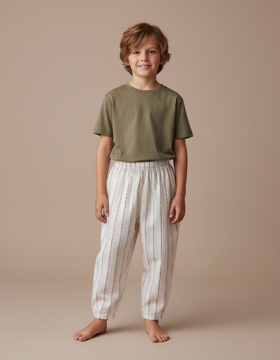 Pantalon Fluide Blanc Rayures Fines Coton Enfant - Imprimé