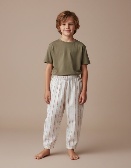 Pantalon Fluide Blanc Rayures Fines Coton Enfant - Imprimé