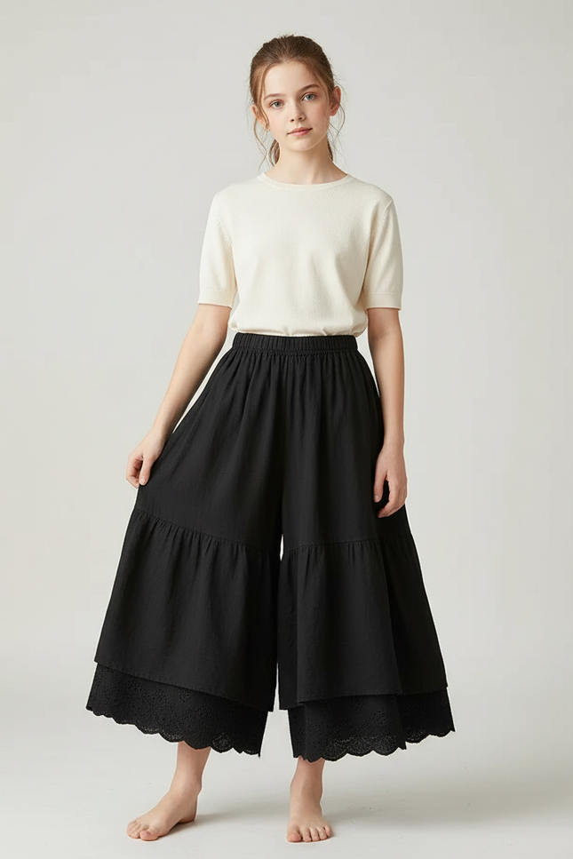 Pantalon Fluide Noir Ample Superposé Brodé Coton
