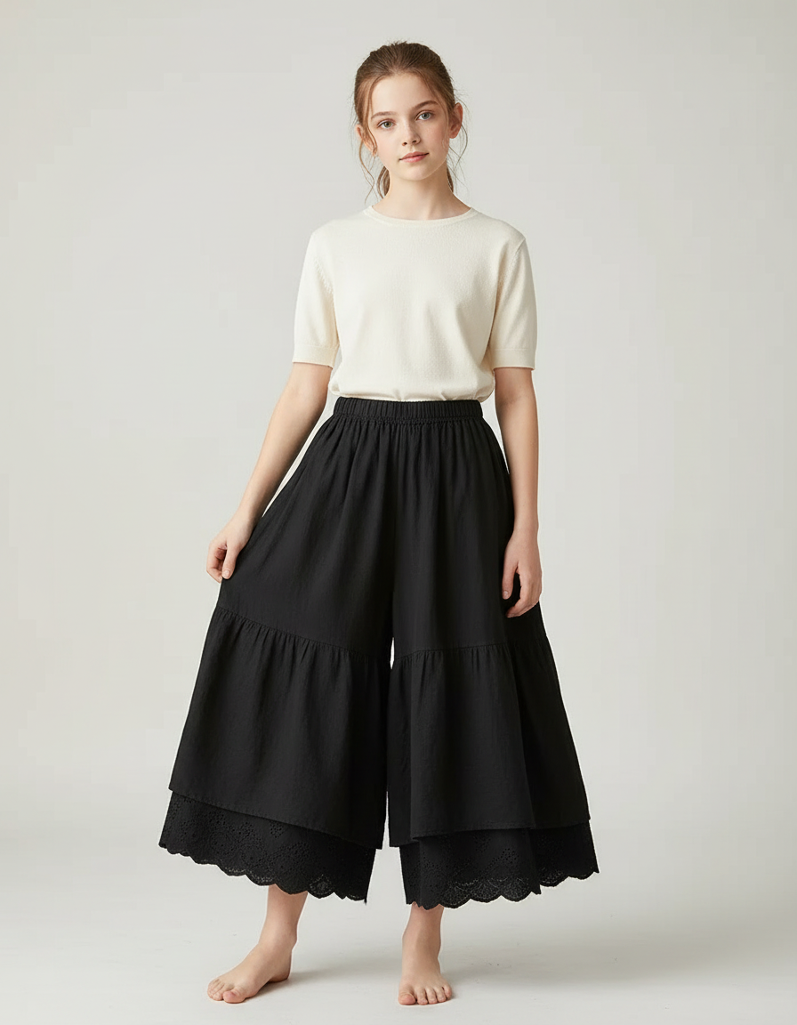 Pantalon Fluide Noir Ample Superposé Brodé Coton
