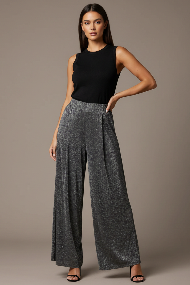 Pantalon Fluide Scintillant Ample Taille Haute Élégant - Argenté Maille