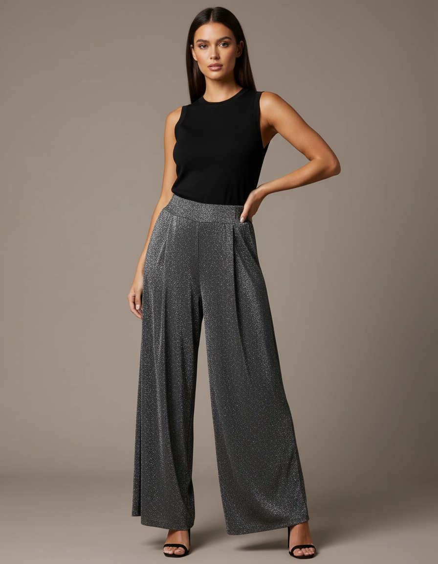 Pantalon Fluide Scintillant Ample Taille Haute Élégant - Argenté Maille