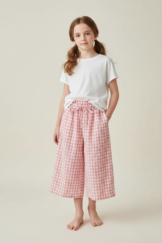 Pantalon Fluide Carreaux Vichy Rose Ample Coton - Lin