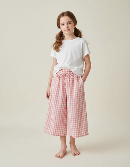Pantalon Fluide Carreaux Vichy Rose Ample Coton - Lin