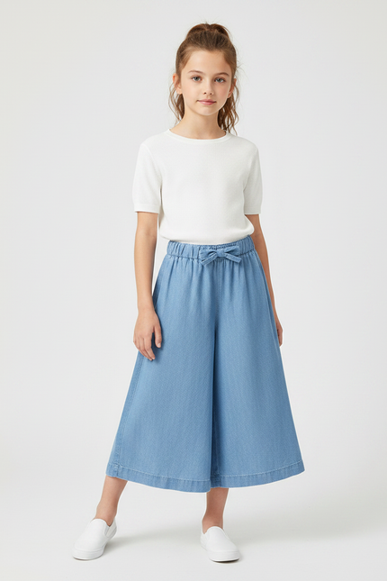 Pantalon Fluide Bleu Denim Ample Cordon Fille - Jean