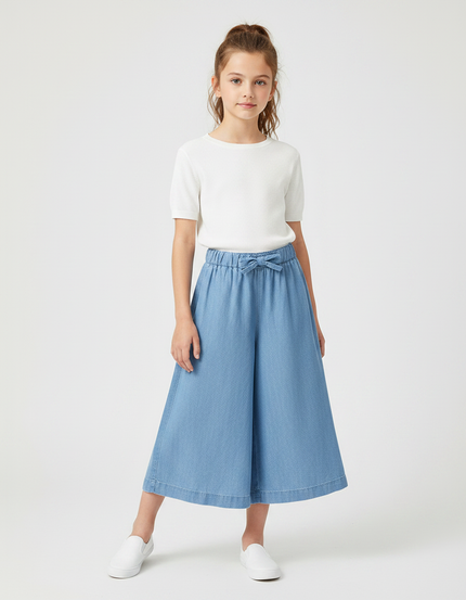 Pantalon Fluide Bleu Denim Ample Cordon Fille - Jean