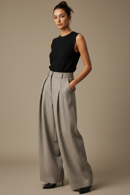 Pantalon Fluide Gris Laine Chevron Plissé Large
