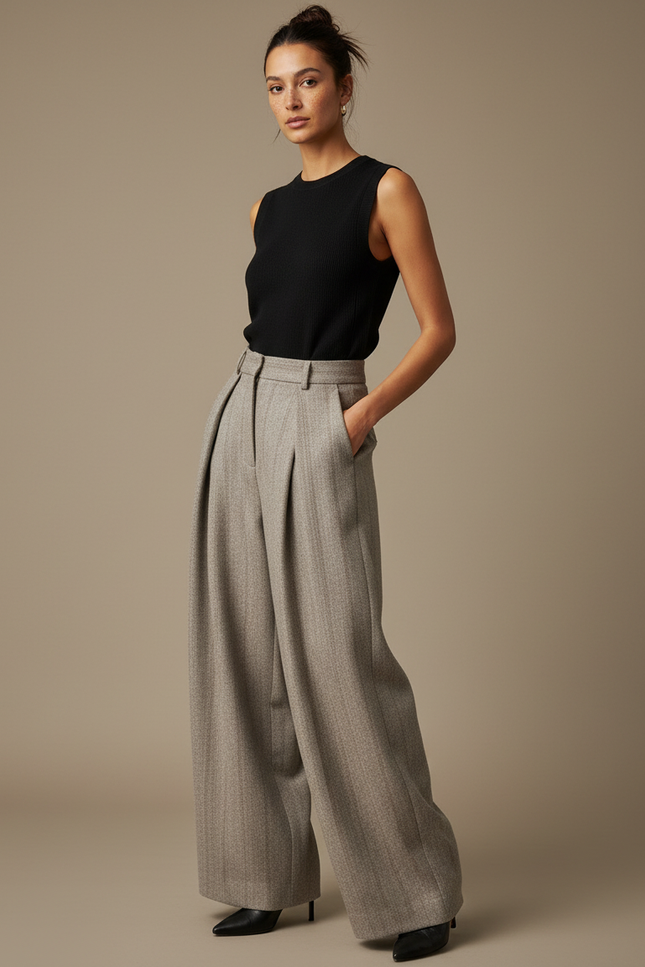 Pantalon Fluide Gris Laine Chevron Plissé Large