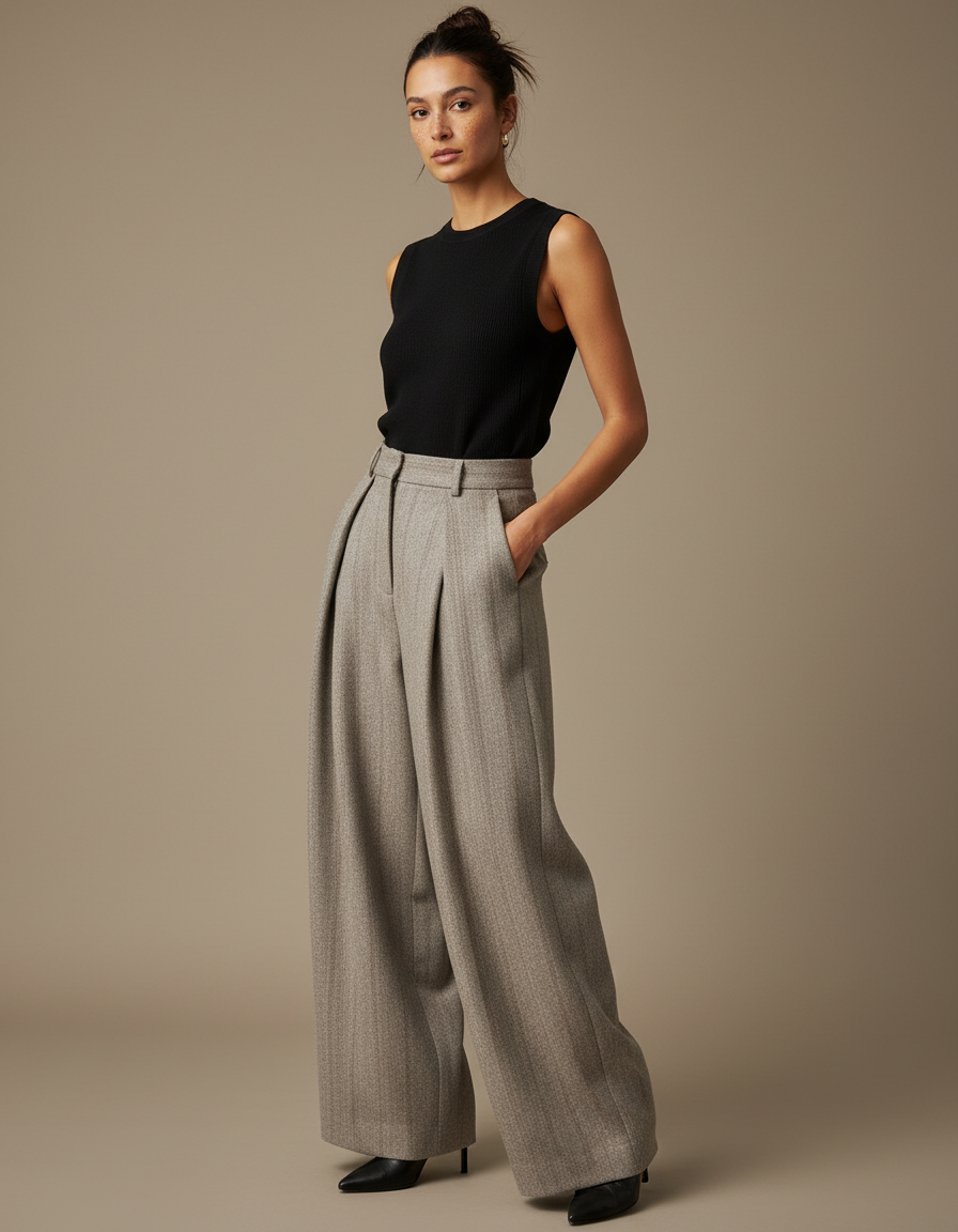 Pantalon Fluide Gris Laine Chevron Plissé Large