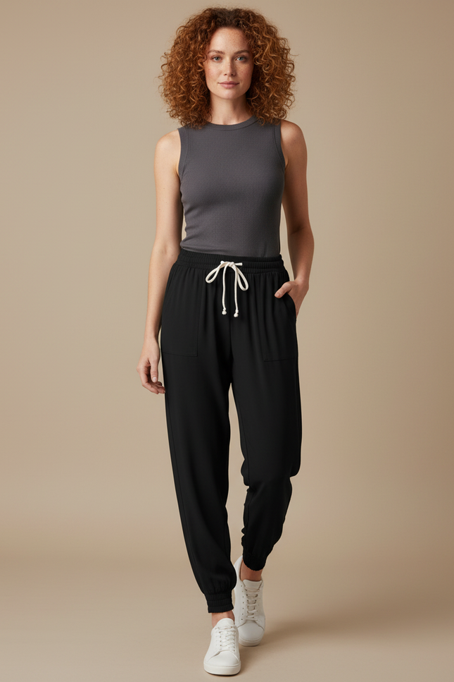 Pantalon Fluide Noir Ample Cordon Cheville Femme - Viscose