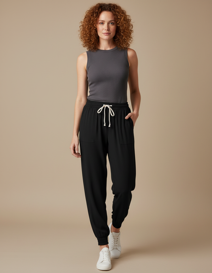 Pantalon Fluide Noir Ample Cordon Cheville Femme - Viscose