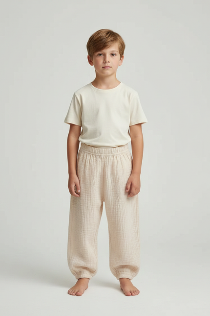 Pantalon Fluide Beige Gaze Ample Confortable Enfant - Coton