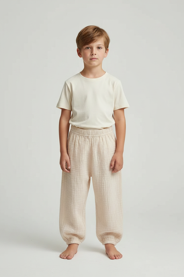 Pantalon Fluide Beige Gaze Ample Confortable Enfant - Coton