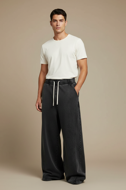Pantalon Fluide Wide Leg - Noir Molleton