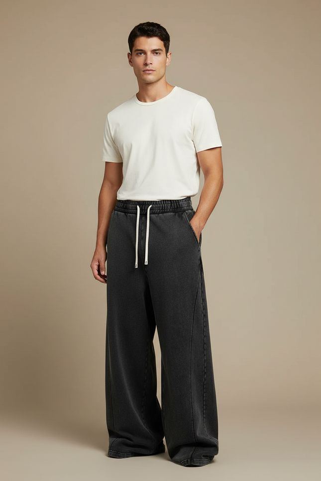 Pantalon Fluide Wide Leg - Noir Molleton