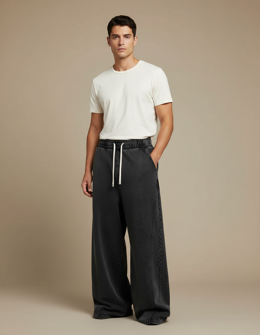 Pantalon Fluide Wide Leg - Noir Molleton