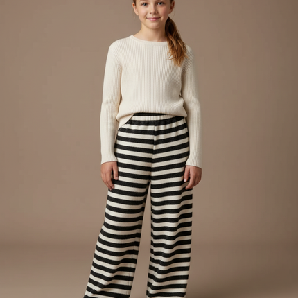 Pantalon Fluide Rayé Noir Blanc Ample Tricoté - Multicolore Molleton
