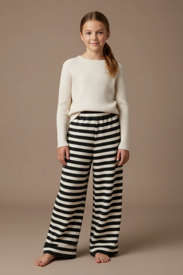 Pantalon Fluide Rayé Noir Blanc Ample Tricoté - Multicolore Molleton