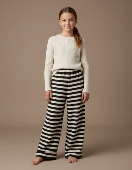 Pantalon Fluide Rayé Noir Blanc Ample Tricoté - Multicolore Molleton