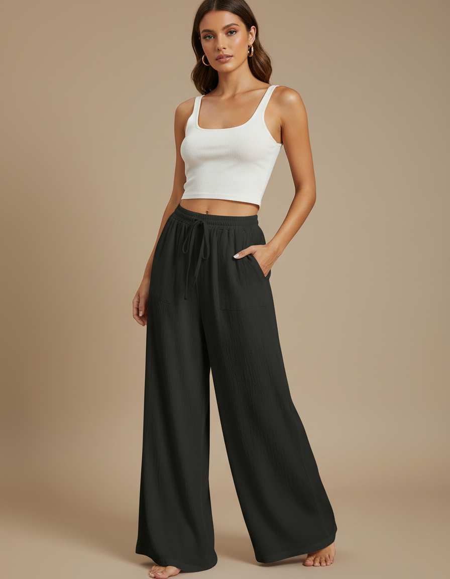 Pantalon Fluide Femme Gris Palazzo - Kaki Lin