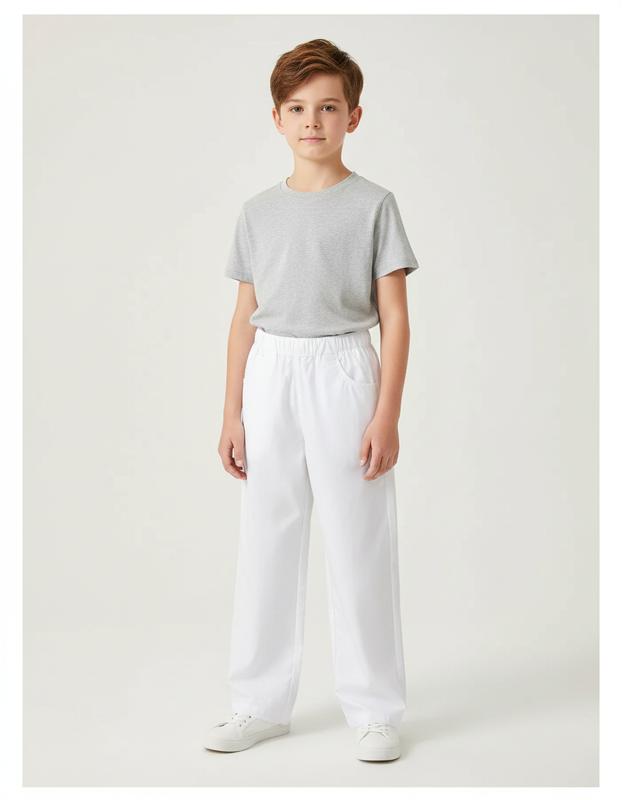 Pantalon Fluide Blanc Ample Confortable Garçon École - Coton