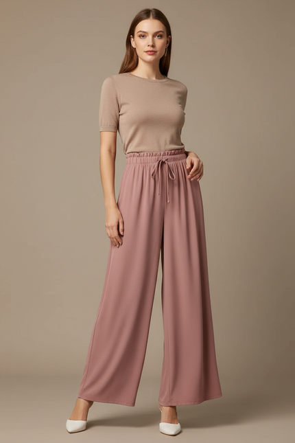 Pantalon Fluide Rose Ample Taille Haute Élégant - Viscose