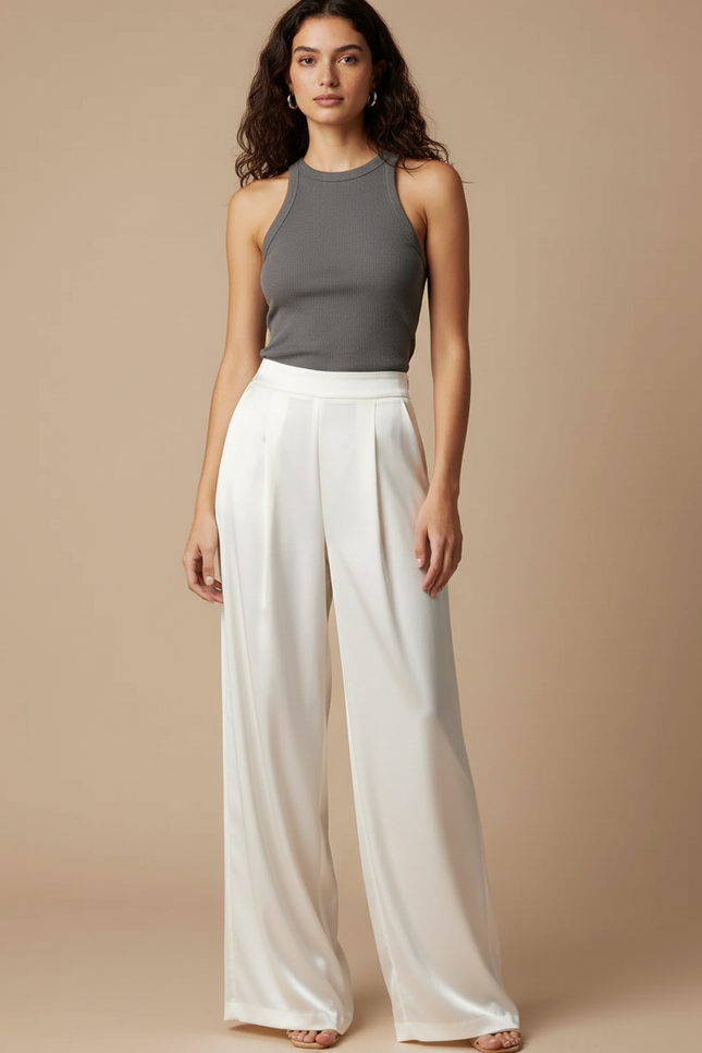 Pantalon Fluide Satiné Blanc Large Élégant Femme
