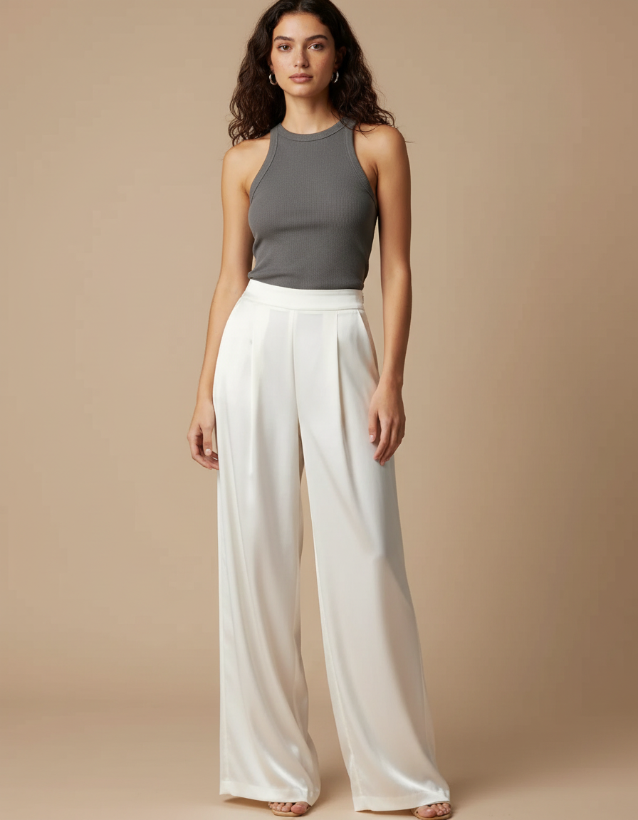 Pantalon Fluide Satiné Blanc Large Élégant Femme