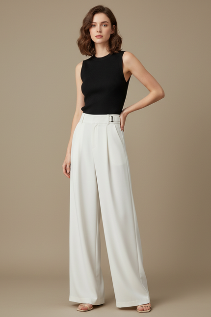 Pantalon Fluide Blanc Cassé Ample Taille Haute Élégant - Viscose
