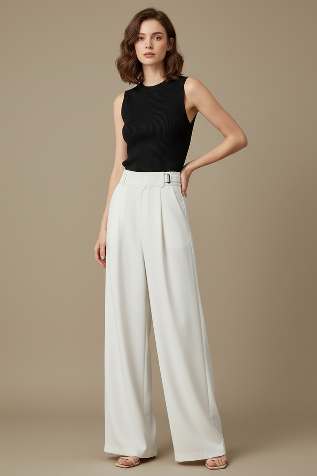 Pantalon Fluide Blanc Cassé Ample Taille Haute Élégant - Viscose