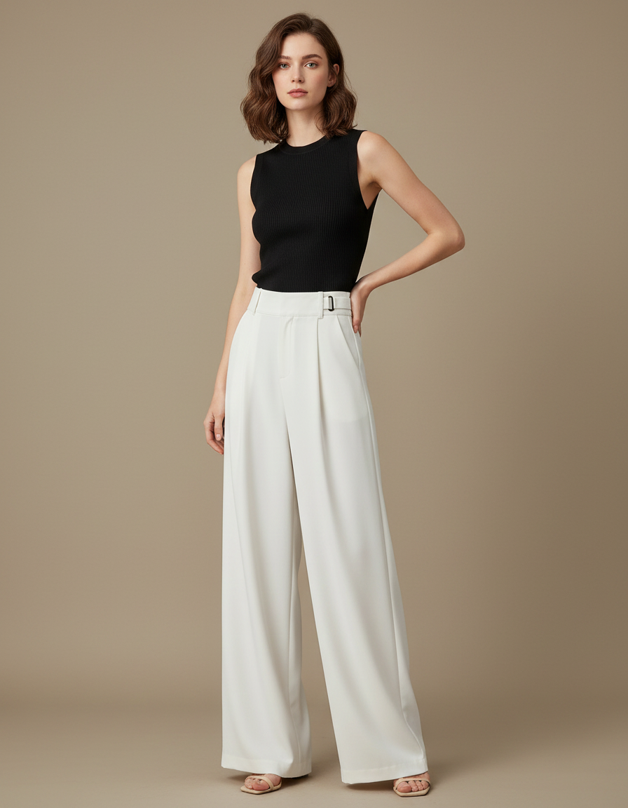 Pantalon Fluide Blanc Cassé Ample Taille Haute Élégant - Viscose