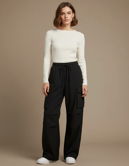Pantalon Fluide Femme Noir Coupe Ample Polyester