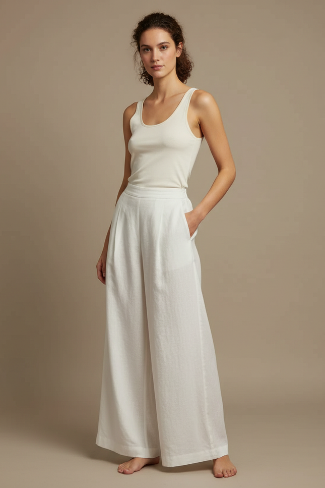 Pantalon Fluide Blanc Ample Lin Femme Élégant