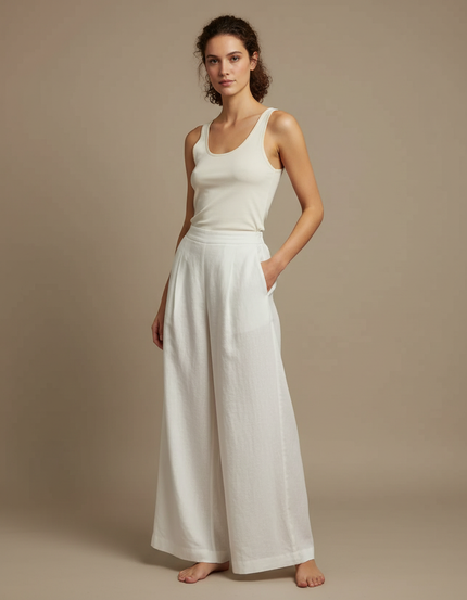 Pantalon Fluide Blanc Ample Lin Femme Élégant