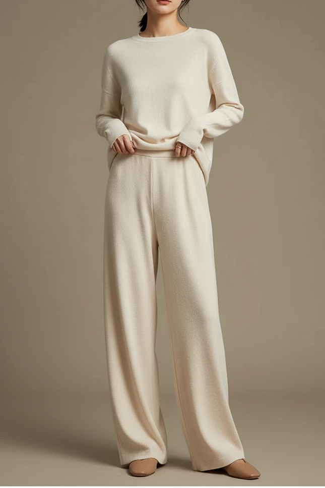 Pantalon Fluide Crème Maille Ample Confortable Évasé - Beige