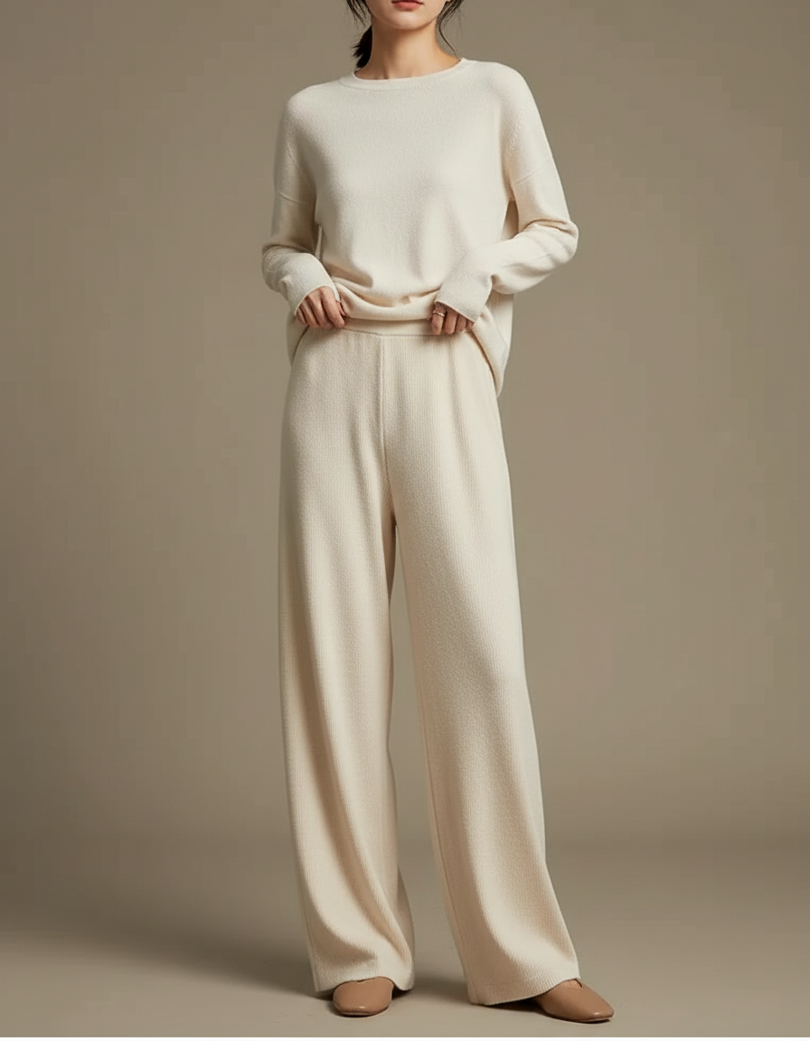 Pantalon Fluide Crème Maille Ample Confortable Évasé - Beige