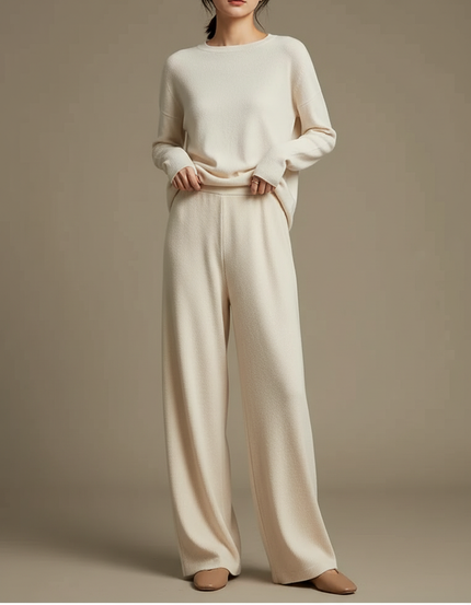 Pantalon Fluide Crème Maille Ample Confortable Évasé - Beige