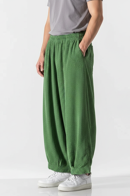 Pantalon Fluide Vert Côtelé Ample Décontracté Homme - Cordé