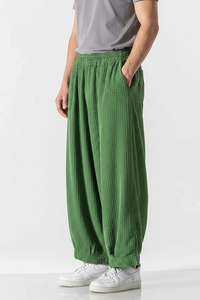 Pantalon Fluide Vert Côtelé Ample Décontracté Homme - Cordé