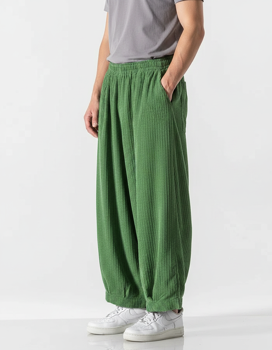 Pantalon Fluide Vert Côtelé Ample Décontracté Homme - Cordé