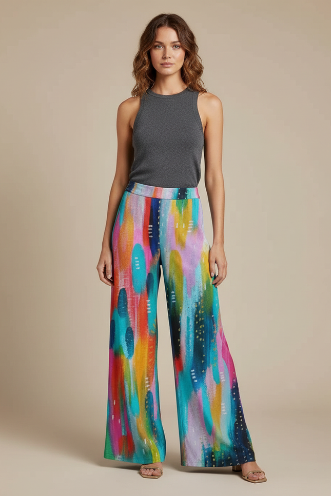 Pantalon Fluide Imprimé Abstrait Coloré Ample Femme - Multicolore Viscose