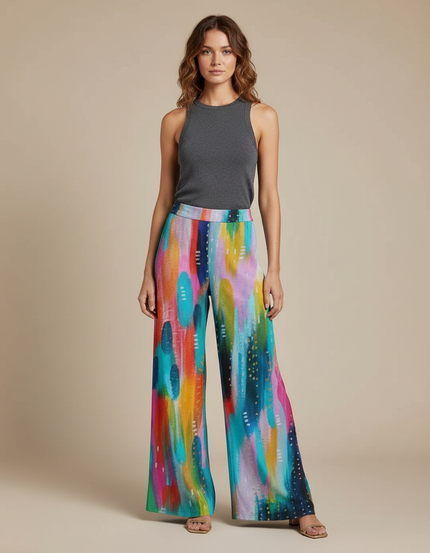 Pantalon Fluide Imprimé Abstrait Coloré Ample Femme - Multicolore Viscose