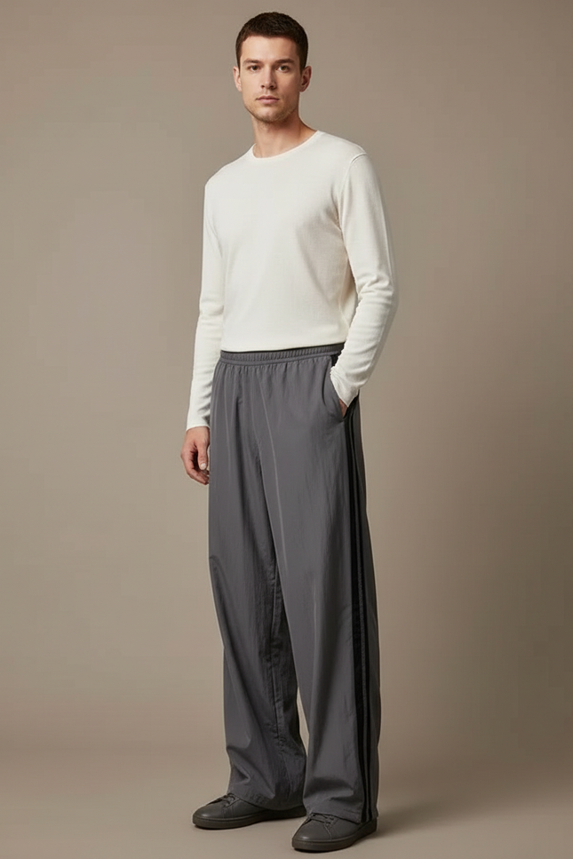 Pantalon Fluide Gris Ample Rayé Décontracté Homme - Polyester