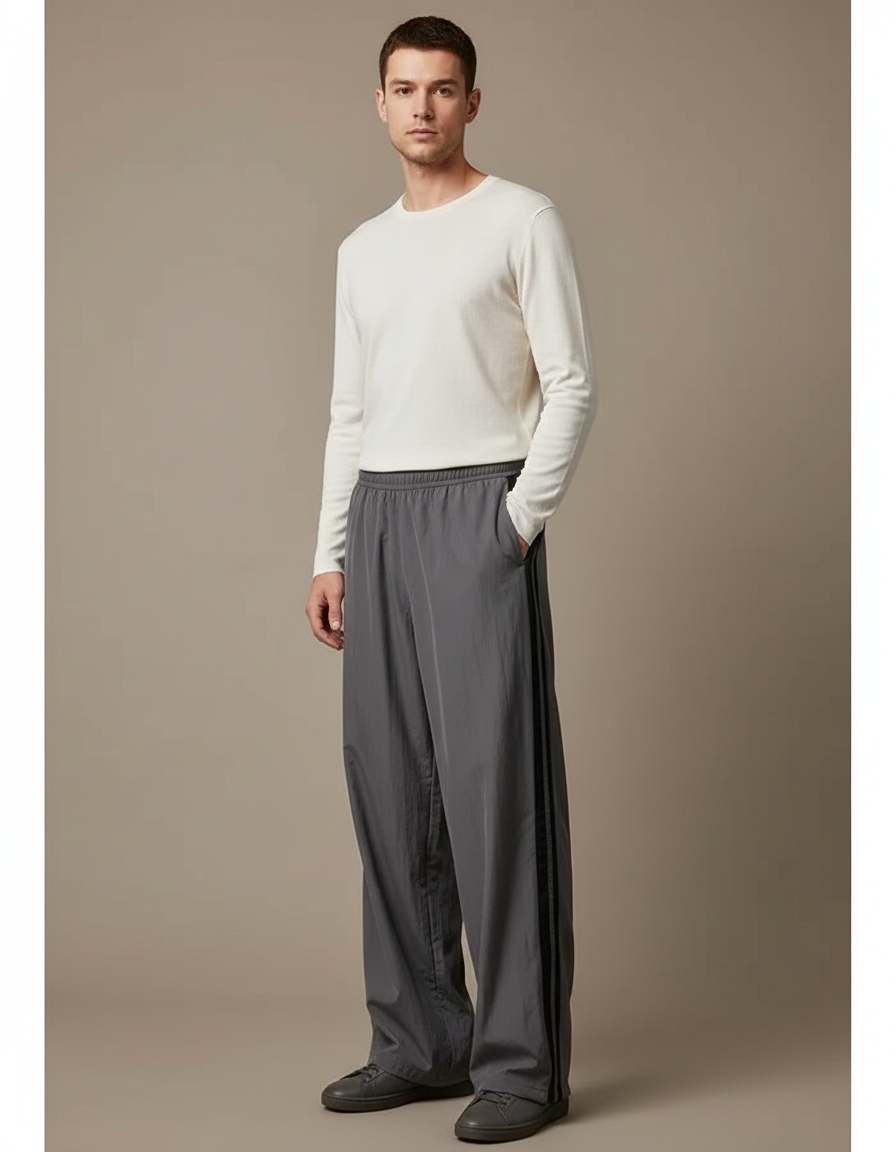 Pantalon Fluide Gris Ample Rayé Décontracté Homme - Polyester