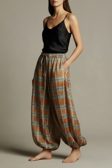 Pantalon Fluide Plaid Marron Bleu Ample Bohème - Viscose