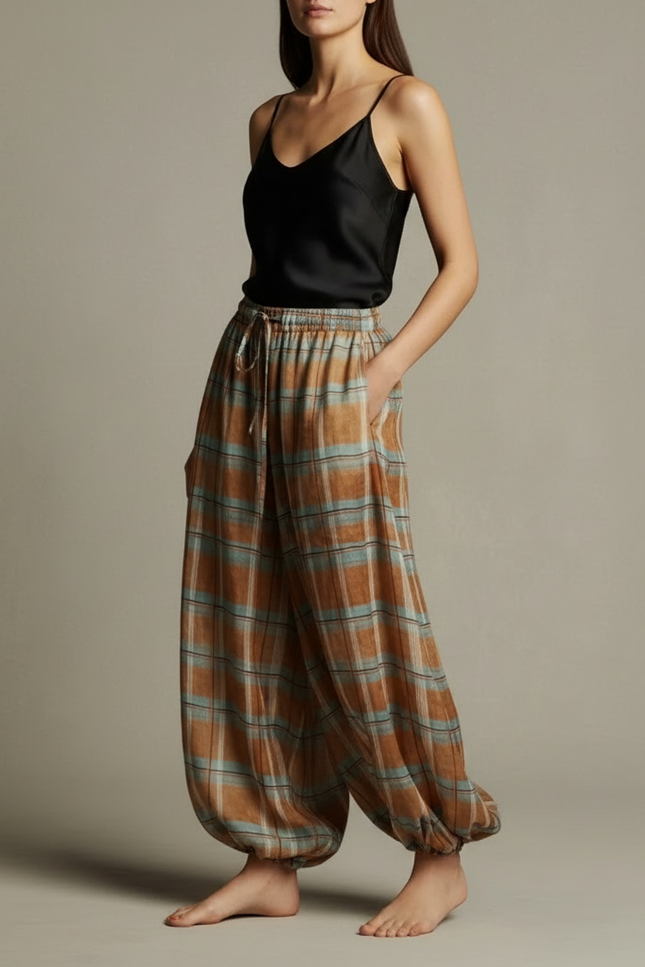 Pantalon Fluide Plaid Marron Bleu Ample Bohème - Viscose